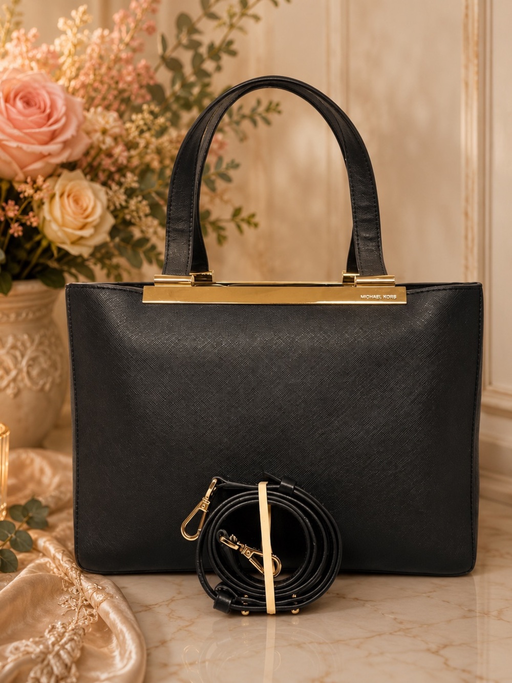 Michael Kors Black Tilda Saffiano Leather Large Tote w/Crossbody Strap